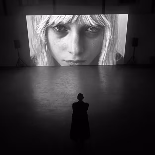 Large projection screen in a dark acoustically treated screening hall with a lone viewer.