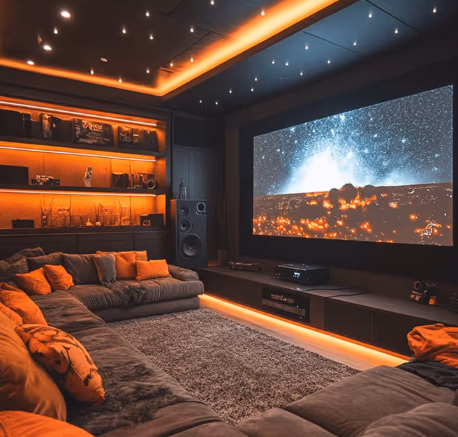 Home cinema room with acoustic treatment, large screen, speakers, and plush sofas.