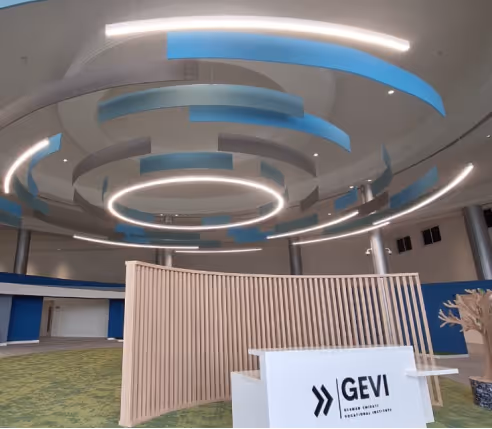 GEVI auditorium with blue and grey acoustic baffle ceiling and timber slat partition.