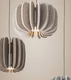 Sculptural gray PET felt acoustic pendant lampshades suspended for sound-absorbing lighting.
