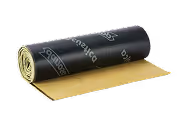 Rolled black acoustic soundproofing membrane with self-adhesive gold backing layer.