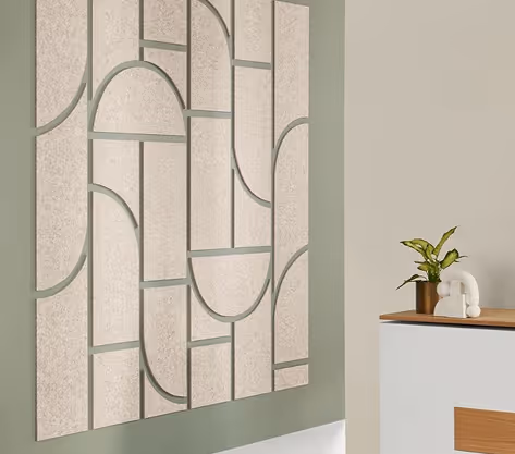 Beige geometric PET felt acoustic wall art panel mounted in a hallway.