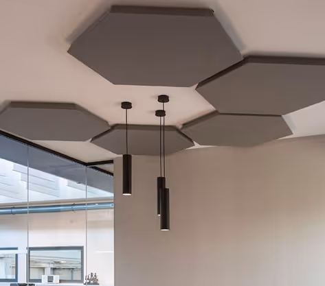 Black and grey triangular acoustic ceiling tiles with linear lights in a conference hall.