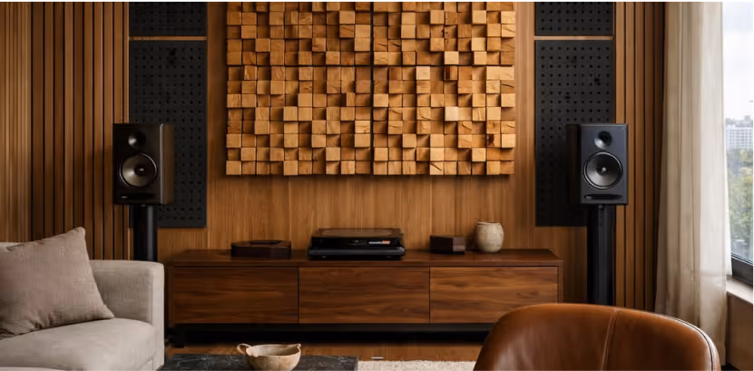 Wood-block acoustic diffuser flanked by black felt panels above a turntable console.