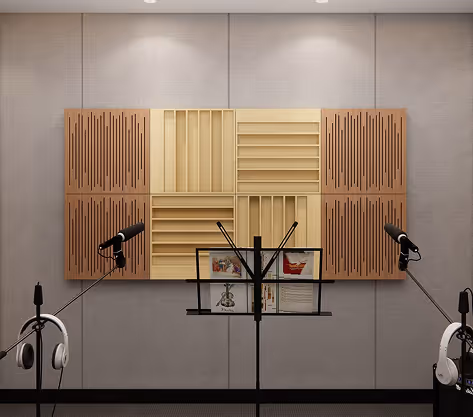 Wood and beige sound-diffusing acoustic panels in a music practice room.