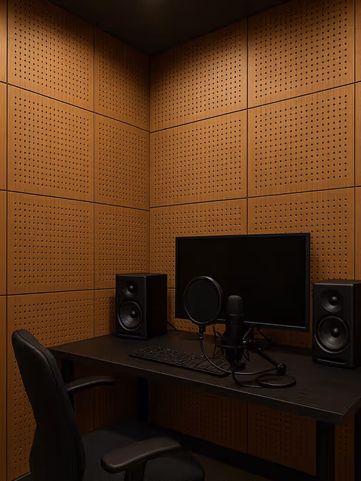 Wood-look perforated acoustic wall panels lining a recording and podcast booth.