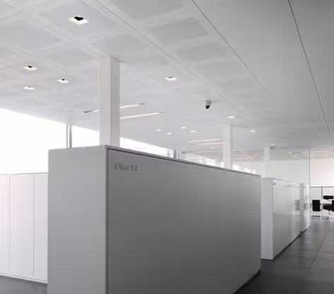 White coffered acoustic ceiling tiles in a bright open office interior.