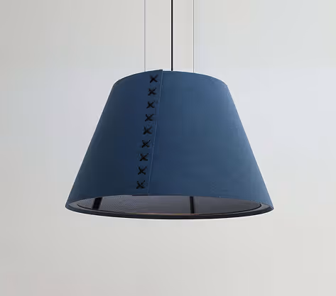 Blue felt conical acoustic pendant lamp with a stitched seam.