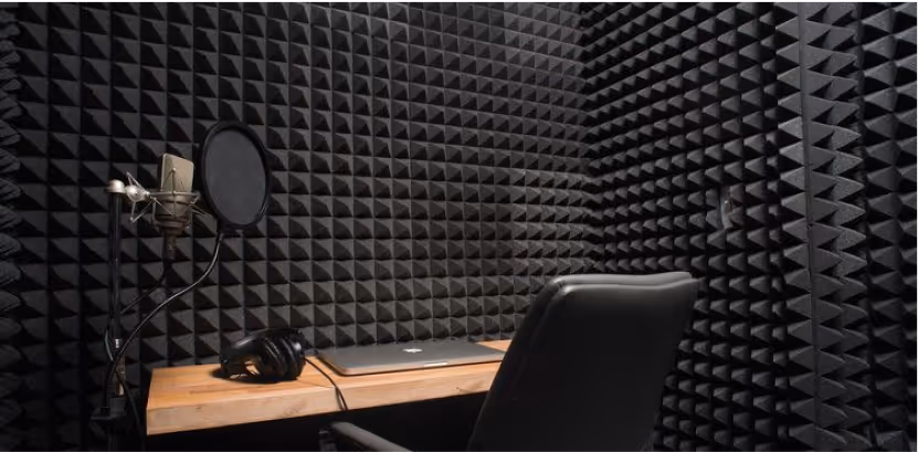 Recording booth lined with black acoustic foam and a microphone with a pop filter.