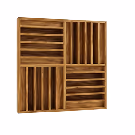 Square wood acoustic panel with patterned timber slats arranged in quadrant blocks.