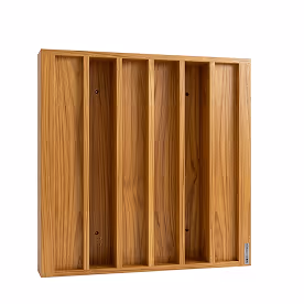 Framed oak wood-slat acoustic panel with vertical timber fins for wall sound absorption.