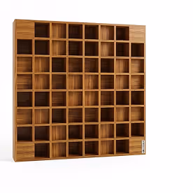 Wooden grid acoustic diffuser panel with deep square recesses for sound scattering.