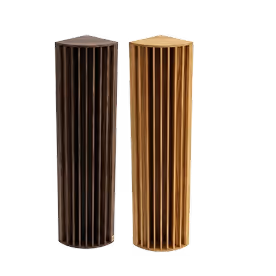 Pair of fluted wood acoustic column panels in dark and natural wood finishes.