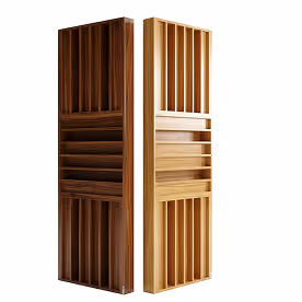 Two framed wood-slat acoustic panels in walnut and oak finishes for wall sound absorption.