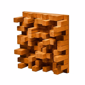 Stacked wooden block acoustic diffuser panel with staggered timber blocks for sound scattering.