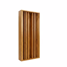 Wood-slat acoustic panel in a framed box with vertical timber fins for sound absorption.