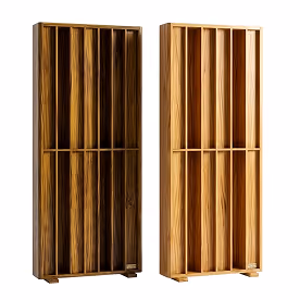 Pair of tall wood-slat acoustic column panels in light and dark wood finishes.