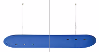 Oval blue felt acoustic pendant baffle suspended horizontally for overhead sound absorption.