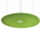 Round green acoustic pendant disc with central downlight suspended from ceiling cables.