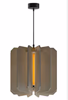 Faceted wood-slat acoustic pendant lamp with warm bulb for sound diffusion overhead.