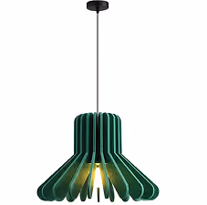 Dark green felt scalloped acoustic pendant lamp with central downlight for sound absorption.