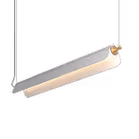 White linear suspended acoustic baffle pendant light for overhead sound absorption.