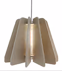 Beige wood-petal acoustic pendant lamp with warm bulb for overhead sound absorption.