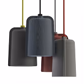 Three grey, red and yellow felt acoustic pendant lamps for sound absorption.