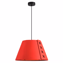 Red conical felt acoustic pendant lamp with cross-stitched sound-absorbing shade.