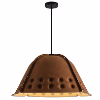 Brown dome-shaped felt acoustic pendant lamp with dimpled sound-absorbing shade.