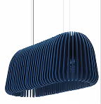 Navy blue ribbed acoustic pendant light with sound-absorbing felt shade.