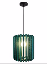 Green vertical-slat felt acoustic pendant lamp for noise reduction in interiors.