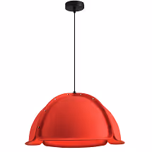 Red dome-shaped felt acoustic pendant lamp with petal-edged sound-absorbing shade.