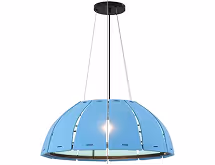 Blue slatted dome acoustic pendant lamp for sound absorption in interiors.