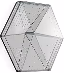 Hexagonal 3D acoustic wall panel with faceted pyramid sound-diffusing surface.