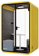 Yellow and grey single-person acoustic phone booth with glass door for offices.