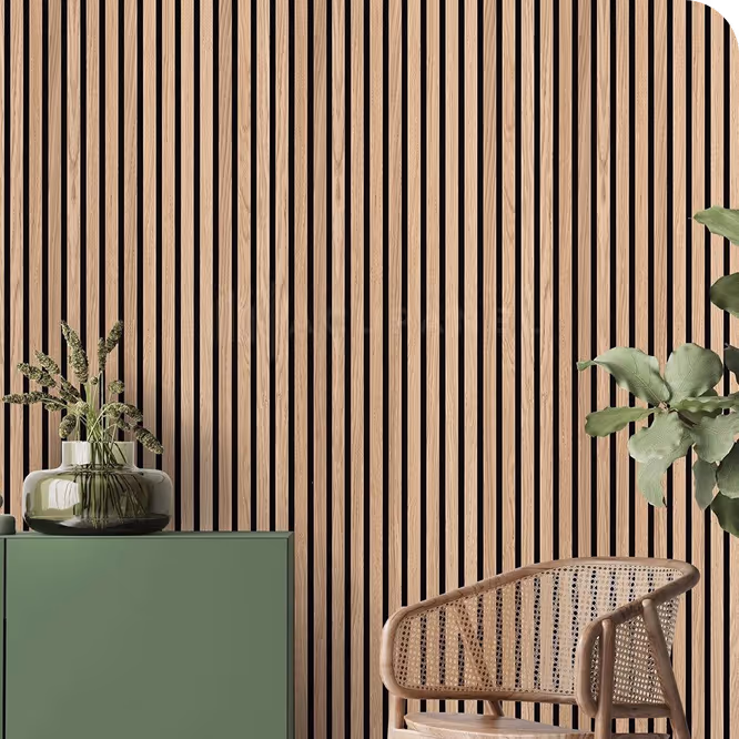 Living room with a warm oak acoustic wood slat wall, green sideboard, vase and rattan chair.