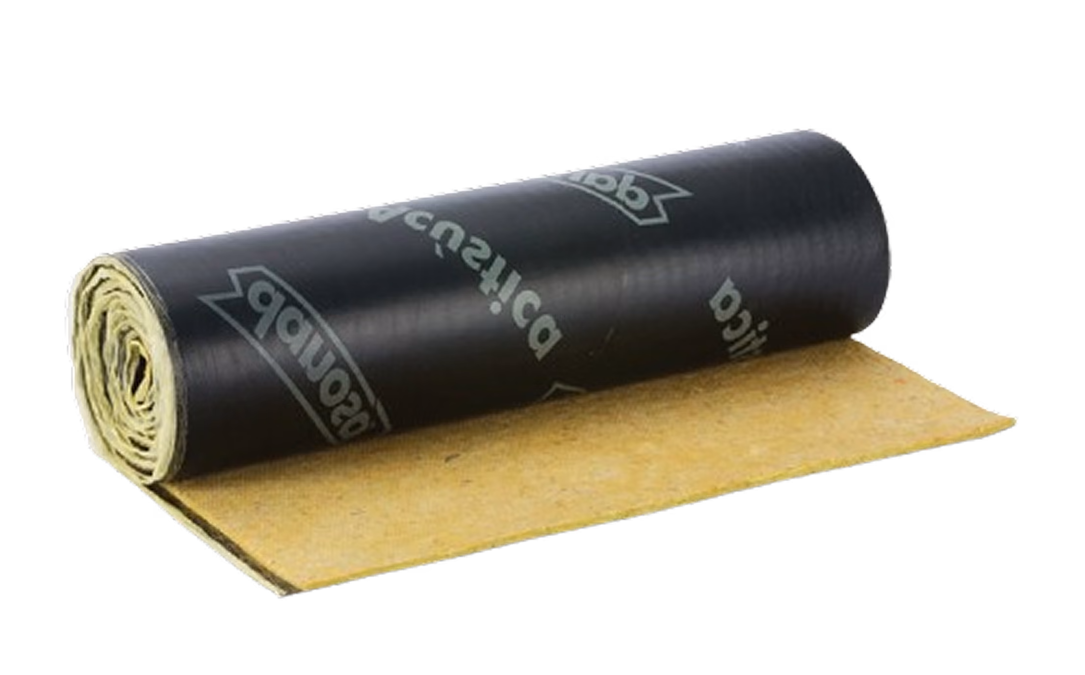 Partly unrolled roll of black-faced mineral wool acoustic insulation.