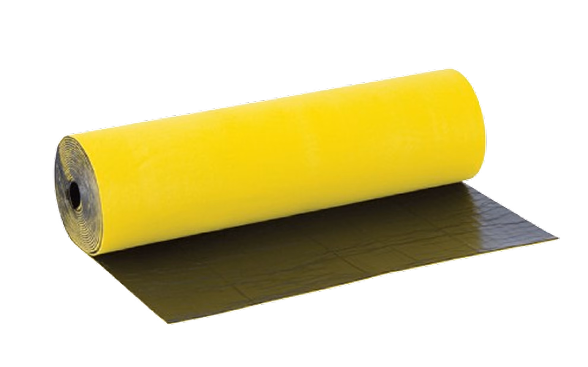 Partly unrolled acoustic membrane roll with yellow facing and dark underside.