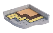 Cutaway of a floating acoustic floor build-up with layered insulation over a concrete tray.