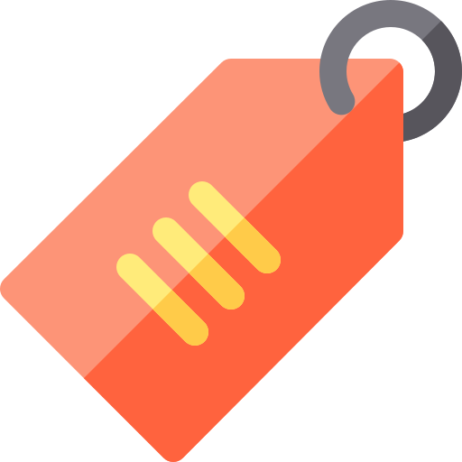 Orange price tag icon with a gray ring and three yellow horizontal lines.