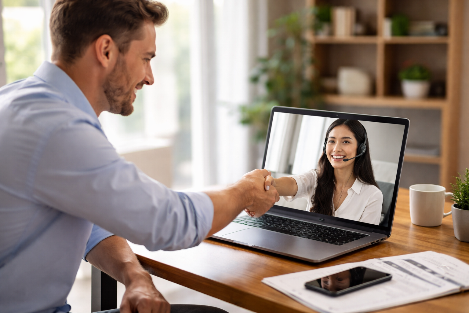 Smiling man shaking hands with a woman wearing a headset during a video call on a laptop.