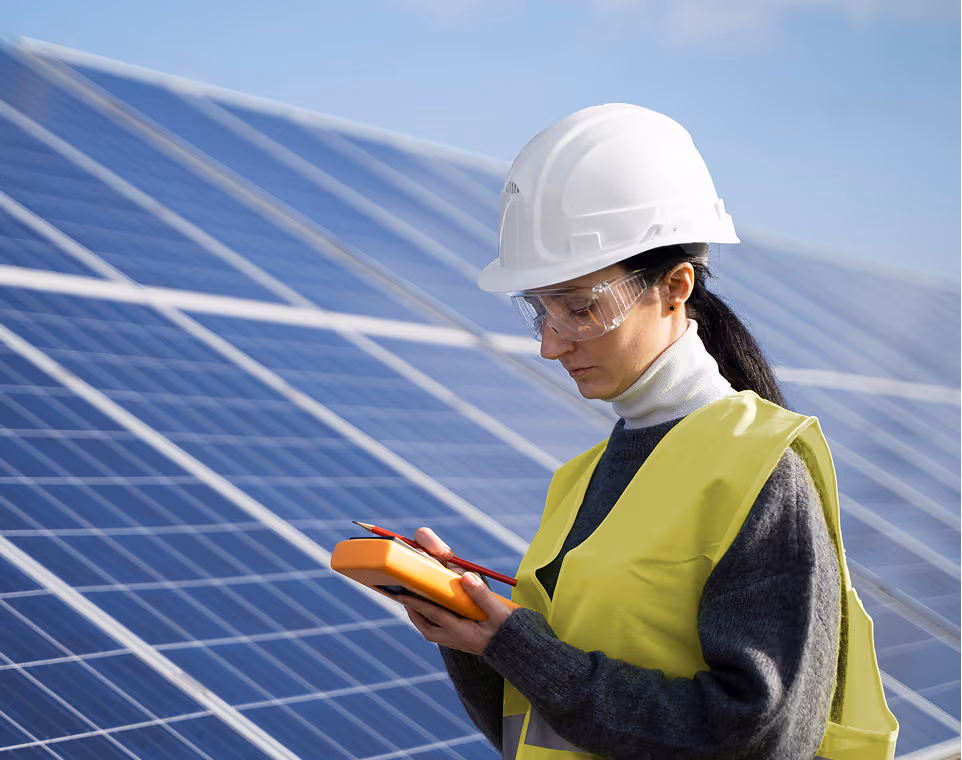 Engineer inspecting solar panels using measurement equipment