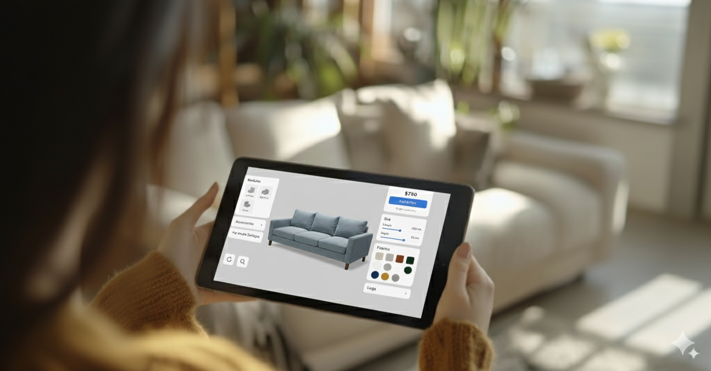Person holding a tablet displaying an app with a blue sofa, size options, color selection, and a $780 price.