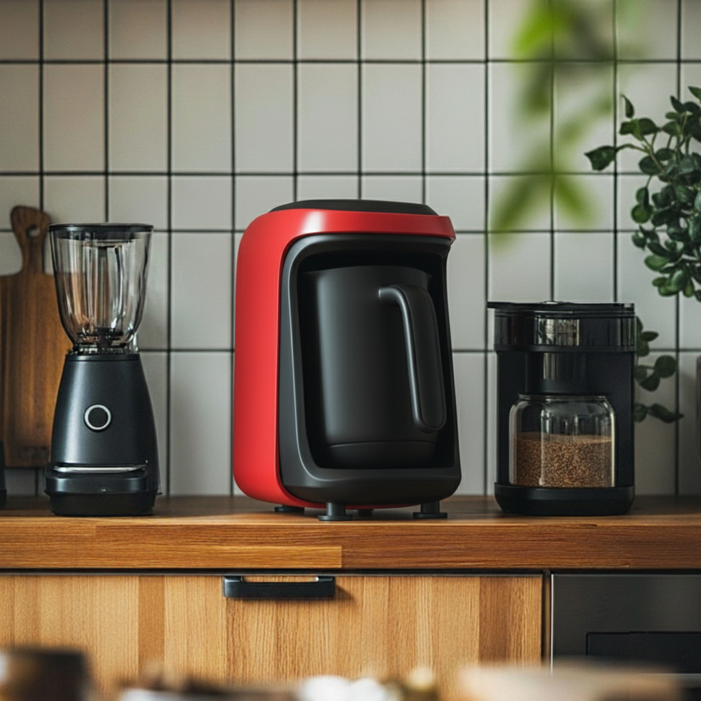 Modern kitchen countertop with a black and red coffee maker, a black blender, and a coffee grinder filled with beans against white tiled wall.