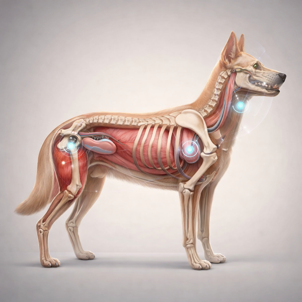 Anatomical side view of a dog showing skeleton, muscles, and highlighted joints in neck, shoulder, and rear leg.