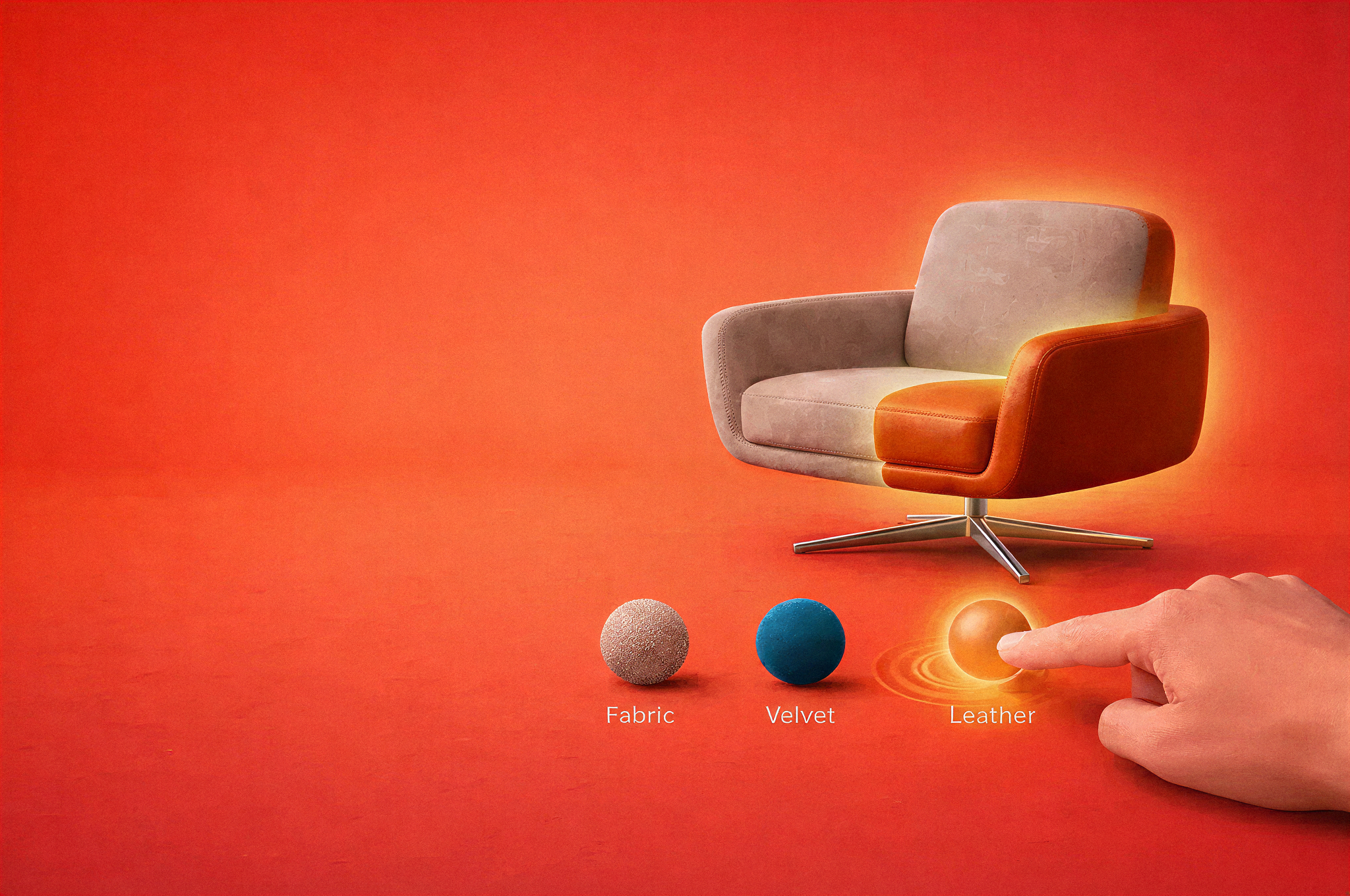 Hand interacting with glowing digital interface featuring various floating icons and data panels on an orange background.