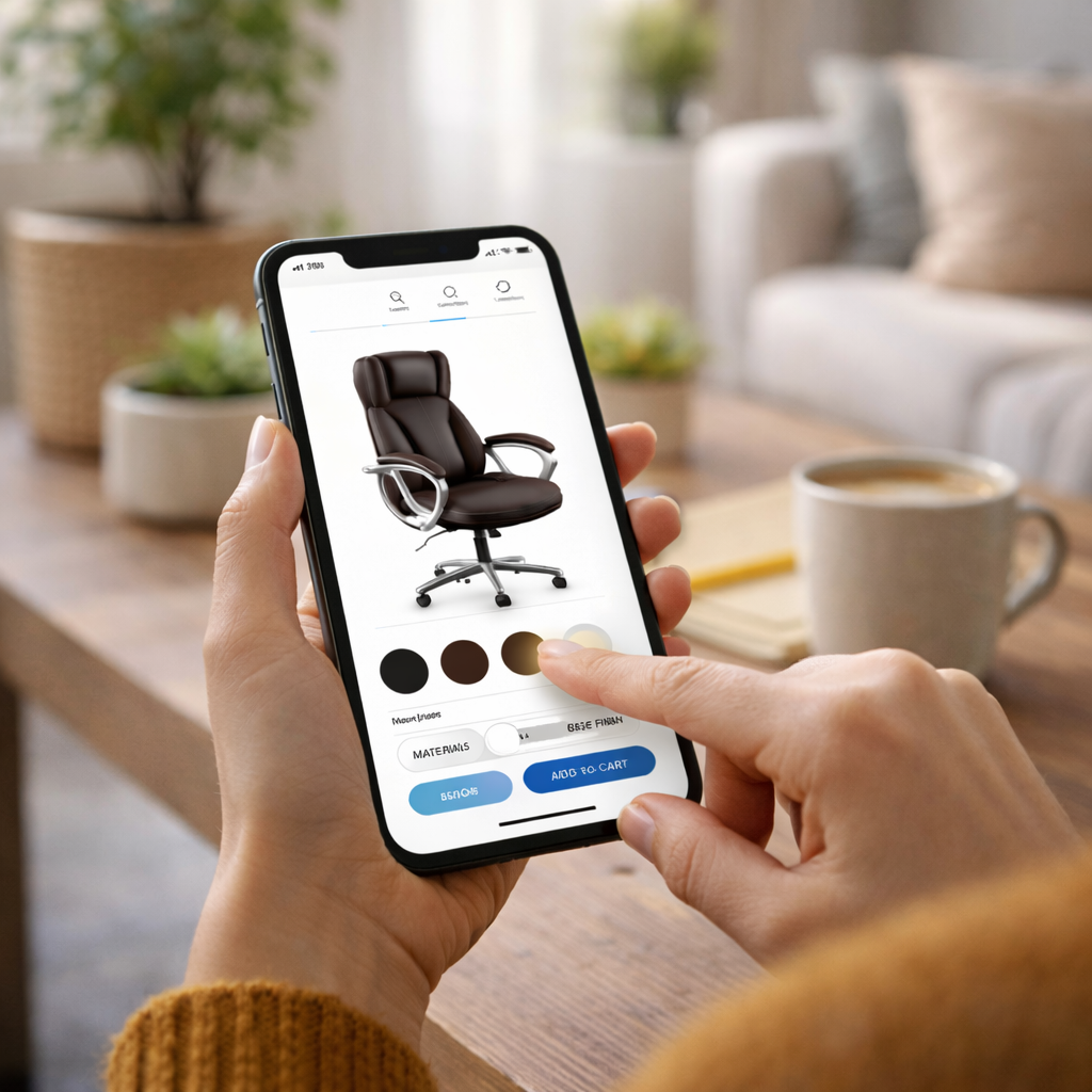 Person selecting color options for a black office chair on a furniture shopping app on a smartphone.