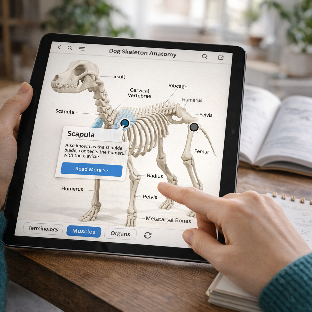 Tablet displaying an interactive dog skeleton anatomy diagram with labeled bones and a hand pointing at the radius bone.