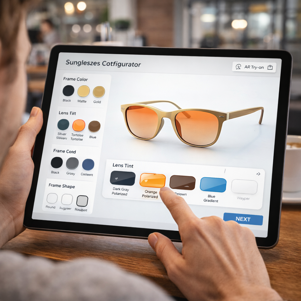 Person using a tablet to customize sunglasses with gold frames and orange polarized lenses in a sunglasses configurator app.